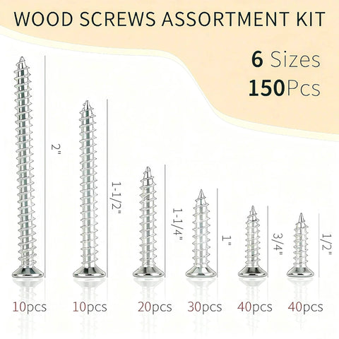 Wood Screws Assortment Kit For DIYers, 150 Pcs Self-Tapping Phillips Screws In 6 Sizes For Wood, Pro Grade, Rust Resistant