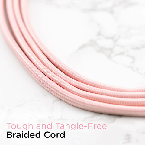 Braided Fabric 3 Outlet Extension Cord With 8 Foot Cable flat low profile showing pink braided detail on marble background