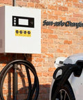 Beefy 40kW CCS1 EV Charger For Commercial Use, 125A Output, wall mount, charging white car, fast DC charging up to 150 miles per hour.