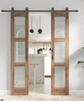 Double 18 By 84 Inch Glass Barn Doors With 36 Inch Opening, 6.6 Ft Beefed-Up Hardware Kit and Handle Included, installed in kitchen