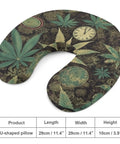 A Puff In Time Weed Marijuana Travel Pillow U Shape Memory Foam Neck Support with marijuana leaf design, 29cm x 29cm x 10cm.