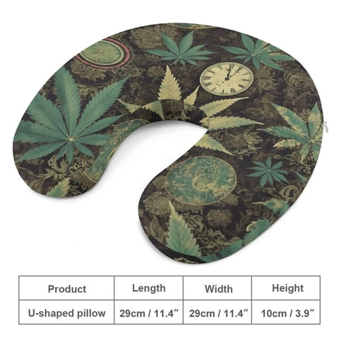 A Puff In Time Weed Marijuana Travel Pillow U Shape Memory Foam Neck Support with marijuana leaf design, 29cm x 29cm x 10cm.