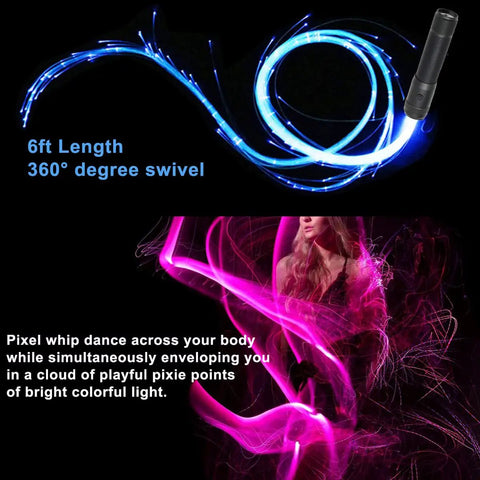 Lit Up Fiber Optic Dance Whip Rechargeable 6ft Space Whip with 360 Swivel and 36 Modes Pixel Flow depicting colorful light trails