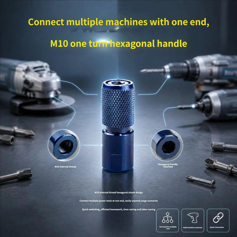 Premium Heavy Duty 10mm Thread Structure Locking Adapter For Power Drills Zero Hassle Chuck Converter shown with M10 hexagonal handle.