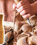 Person carving wood with chisel; insert of 10 Oz Wood Carving Mallet With Ergonomic Grip Reducing Hand Fatigue Marblewood Head