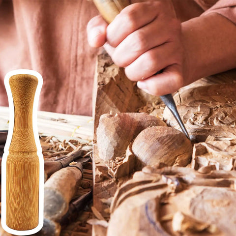 Person carving wood with chisel; insert of 10 Oz Wood Carving Mallet With Ergonomic Grip Reducing Hand Fatigue Marblewood Head