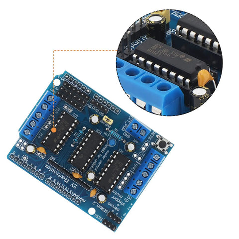 4 Way L293D DC Motor Driver Shield For Arduino Uno Mega Raspberry Pi Expansion Board detailed view with chips and circuits