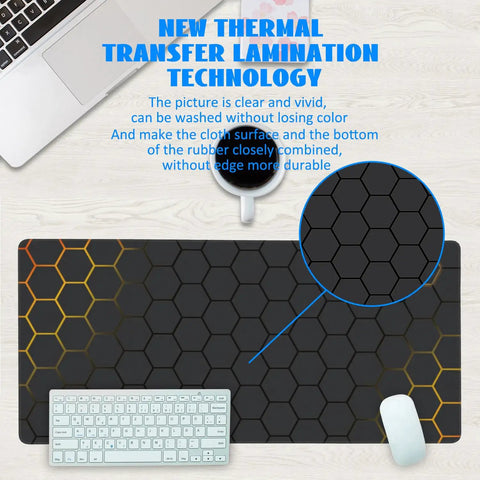 Big Ol Extended Desk Mat And Gaming Mouse Pad Large 35.4 By 15.7 Inch Surface Non Slip Base With Stitched Edge Honeycomb Black Gold Design Ideal For Home Office Setup on desk with keyboard and laptop