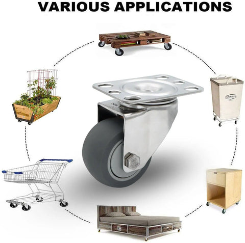 Built Tough 2 Inch Stainless Steel Caster Wheels Set Of 4 Without Brake Rust Proof 304 Heavy Duty Casters shown on various furniture and carts.