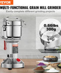 Ultra Fast 1500W Electric Grain Mill Grinder For Dry Grains Spices Coffee Corn Pepper, 300g Capacity, Stainless Steel Pulverizer