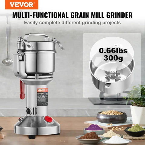 Ultra Fast 1500W Electric Grain Mill Grinder For Dry Grains Spices Coffee Corn Pepper, 300g Capacity, Stainless Steel Pulverizer