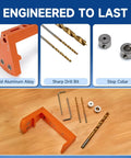 Blum Tandem Undermount Drawer Slide Drilling Guide Kit with Pro Grade Aluminum Angle Guide, drill bits, stop collars, and hex wrench.