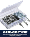 DIY Drywall Anchors And Screws Kit with 200 self drilling anchors and 100 zinc sheetrock anchors in clear plastic box