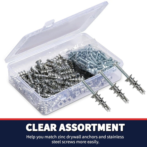 DIY Drywall Anchors And Screws Kit with 200 self drilling anchors and 100 zinc sheetrock anchors in clear plastic box