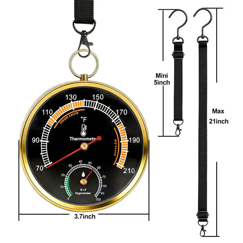 Portable Sauna Thermometer and Hygrometer Combo With Lanyard Mount For Home Steam Sauna No Brainer Temperature and Humidity Monitor Fahrenheit Readings From 68 To 212 Humidity 0 To 100 Percent Easy Hang Ring Design, 3.7-inch round dial
