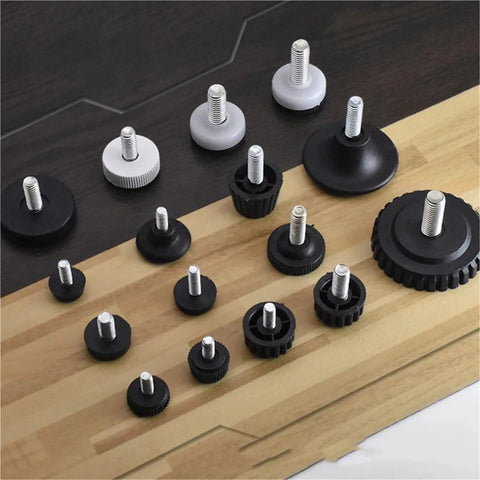 Assorted Adjustable Threaded Chair Feet Floor Protectors 50 Pack With Silent Damping No Slip Base Pads displayed on wood surface