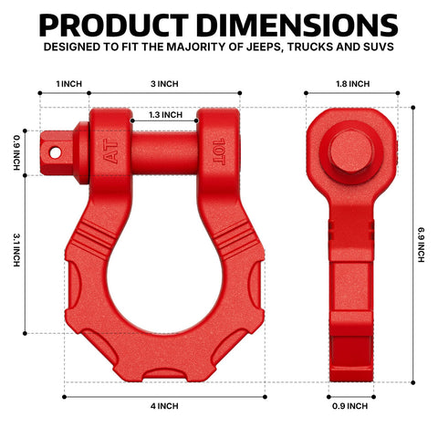 Beefy Heavy Duty 80000 Lb Break Strength D Ring Shackles 3/4 Inch Clevis Shackles With 7/8 Inch Pin dimensions in red
