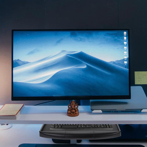 Built Tough Ergonomic Keyboard Tray Under Desk Slide Out Platform With Adjustable Tilt Angle Black Pp on a desk with a monitor.