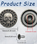 Top Shelf Badass Metal Skull Buttons And Screw Back Rivets For Leather Crafting 100 Pc Bulk Set with size and screw back details.
