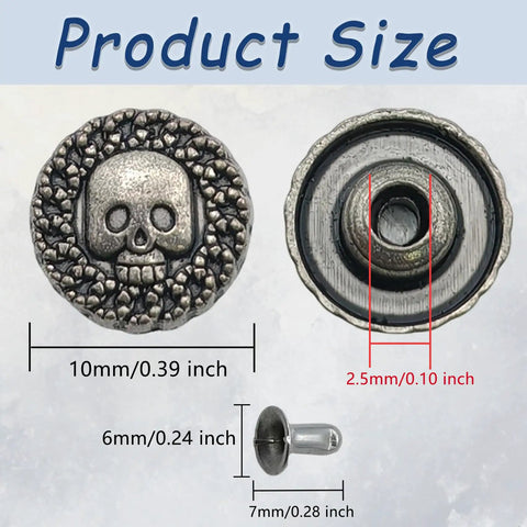 Top Shelf Badass Metal Skull Buttons And Screw Back Rivets For Leather Crafting 100 Pc Bulk Set with size and screw back details.