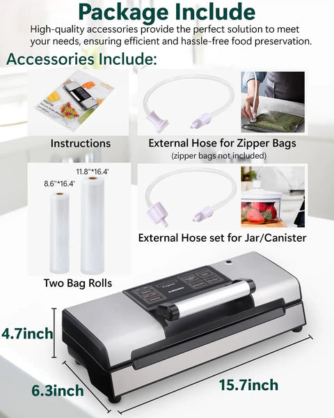 Heavy Duty Vacuum Sealer Machine With Eight In One Functions accessories including hoses, bag rolls, and instructions