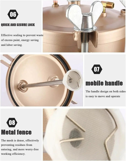 Heavy Duty Four Gallon Air Pressure Paint Pot With Adjustable Pressure Gauge And Two Millimeter Tip features secure lock and mobile handle.
