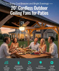 20 Inch Portable Ceiling Fan With Bright Led Light And Remote Control Quiet Cordless Outdoor And Indoor Patio Cooler 20000 Mah Rechargeable Battery in outdoor setting with guests.
