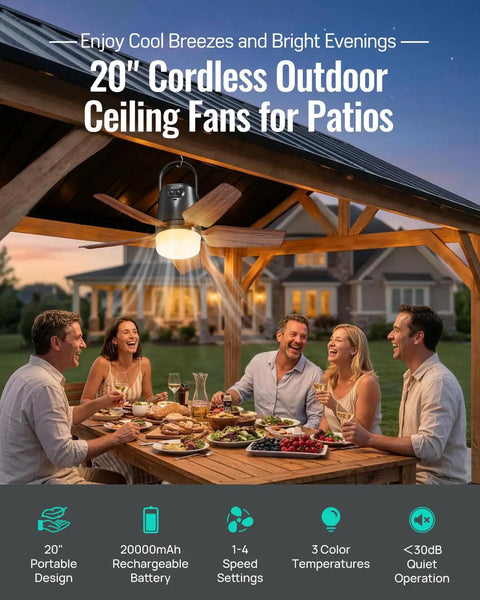 20 Inch Portable Ceiling Fan With Bright Led Light And Remote Control Quiet Cordless Outdoor And Indoor Patio Cooler 20000 Mah Rechargeable Battery in outdoor setting with guests.