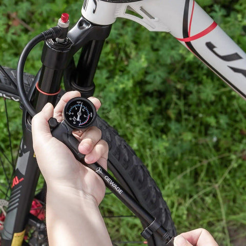 Using High Pressure Shock Pump For Mountain, Road Bikes And Motorcycles With Gauge, 300 Psi Capacity on bike suspension fork