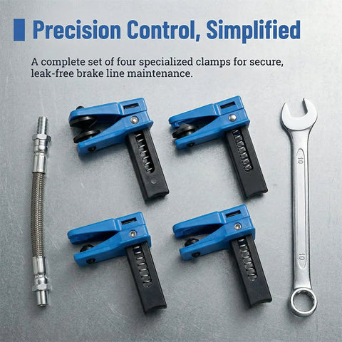Four Piece Car Brake Line Plug Kit With Leak Proof Stop Clamp For Three Eighths Inch Five Sixteenths Inch And One Half Inch Hoses Universal Must Have DIY Ready Brake Fluid Stop Tool For SUV Truck Caravan alongside wrench and hose.