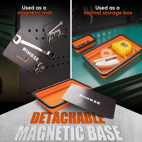 Collapsible Magnetic Parts Organizer Trays with 12 Inch Flexible Magnetic Pickup Tool as mat and storage box