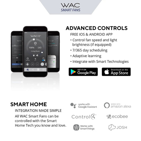 Tight Smart Ceiling Fan With Eight Sleek Blades And Matte White Aluminum Design glides smoothly with smartphone controls displayed.