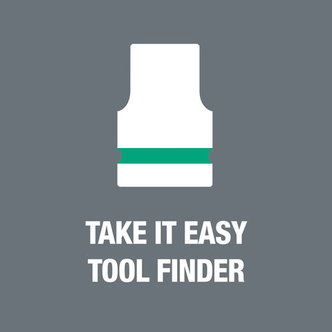 Illustration of a tool component with text 'Take It Easy Tool Finder' related to Three Eighths Inch Ratchet Set With Eighteen Metric Sockets.