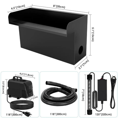 Diagram of All In One Pond Waterfall Kit With LED Lights 8 Inch Stainless Steel Spillway and components with measurements