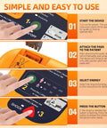 Front view of orange AED defibrillator with a hand pressing the start button; 01–04 step infographic.
