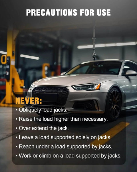 Car in workshop with precautions for using jacks displayed, highlighting safety tips for auto maintenance.