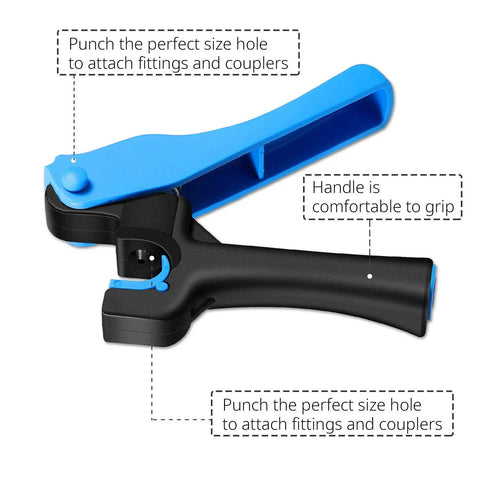 Irrigation Tubing Hole Punch Tool For One Quarter Inch Fittings And Emitter Insertion, blue and black handle, side view