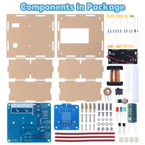 Components of Electric Magnetic Transmitter Soldering Practice Kit For STEM Learning displayed with resistors, boards, and connectors