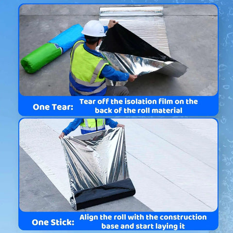 Heavy Duty Roof Repair Tape With Aluminum Foil, Polymer Modified Asphalt Sealant, 0.07 Inch Thick Roll being unrolled for use.