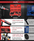 Comparison of 33-In-1 Bearing Puller Kit and 21-In-1 set, highlighting rubber handle, scratch-resistant surface, and larger puller disc.