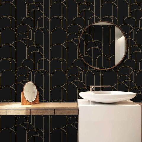 Bathroom with Dope Black Geometric Peel And Stick Wallpaper Self Adhesive Removable Matte For Easy Home Decor And Furniture Renovation 17.71 Inch By 275 Inch Line Up Easily on wall.