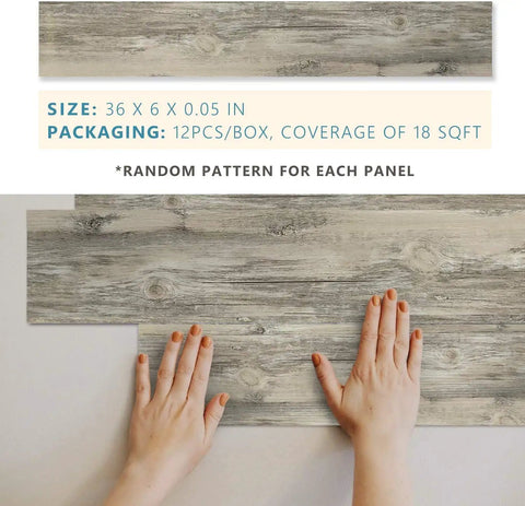 Vibe Ready Vinyl Wall Panels With Vintage Farmhouse Wood Pattern being installed by hands on flat surface.