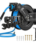 Built Tough 65 Feet 3 Eighths Inch Hybrid Air Hose Reel With Auto Rewind displayed with mounting hardware and dual arms