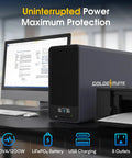 LiFePO4 Powered UPS Battery Backup And Surge Protector with 1500 VA and 1200 W output, gray, on office desk.