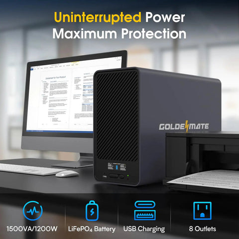 LiFePO4 Powered UPS Battery Backup And Surge Protector with 1500 VA and 1200 W output, gray, on office desk.