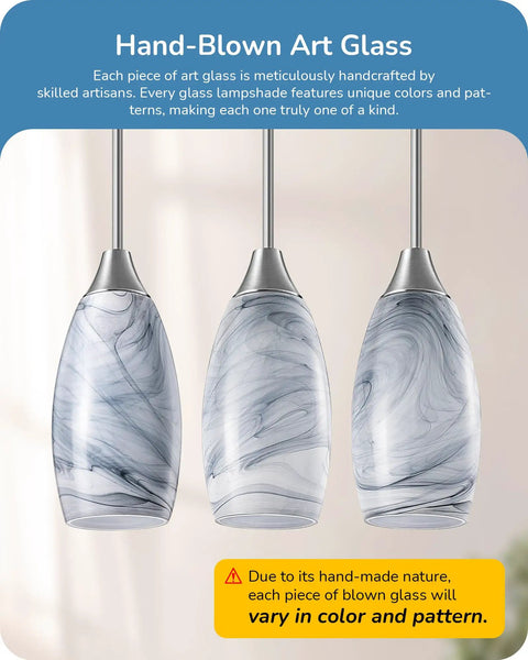 Modern Hand Blown Gray Marble Glass Pendant Light For Kitchen Island With Brushed Nickel Finish showcases three unique shades.