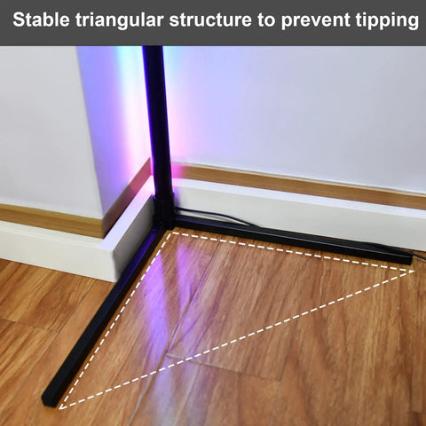 Rgb Corner Floor Lamp With App Control And Remote Music Sync 16 Million Colors Dimmable Warm White To Vivid Color Modern Led Ambience Lamp For Living Room And Gaming Setup showing stable triangular base to prevent tipping on wooden floor