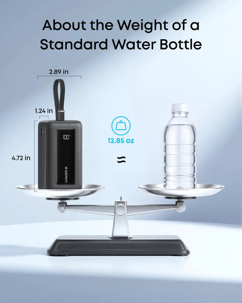 Road Ready 20000 Mah Portable Power Bank With Built In Usb C Port And 30 Watt Quick Charge compared to standard water bottle on scale.