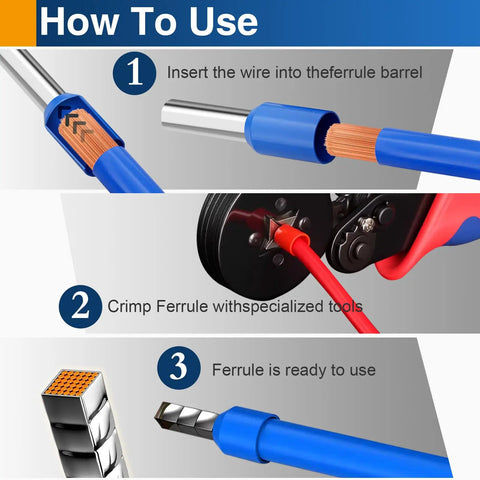How to use Beefy Heavy Duty AWG 6 Wire Ferrule Connectors Blue Insulated Copper Terminals 12mm Crimp Pin Ends 50 Pcs