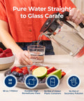 Person pouring water from borosilicate glass carafe, part of Countertop Reverse Osmosis Water Filter System With Remineralization.